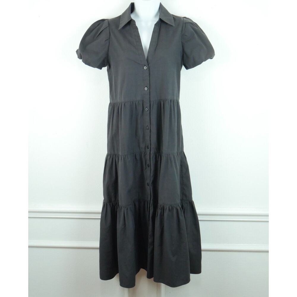 Brochu Walker Havana Dress XS Washed Black Tiered Midi Puff Sleeve Charcoal Grey